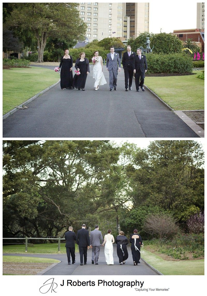 Bridal party walking in the Royal Botanic Gardens Sydney - Sydney wedding photography 